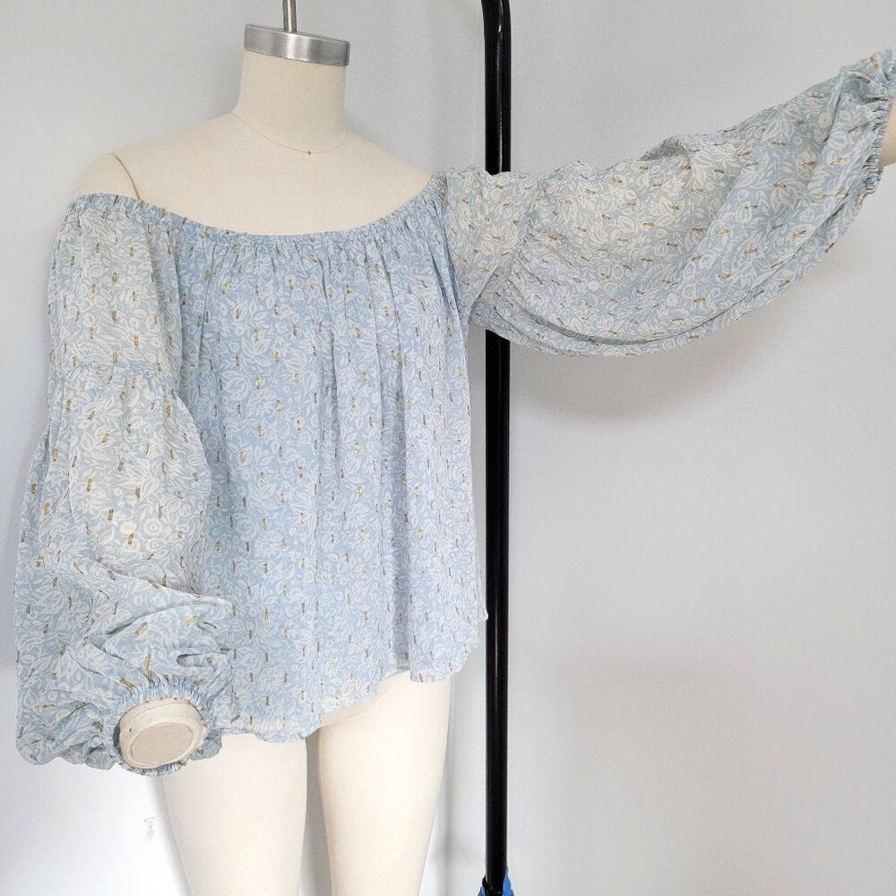 Express Blue Floral Off Shoulder Balloon Sleeve Blouse Boho Festival